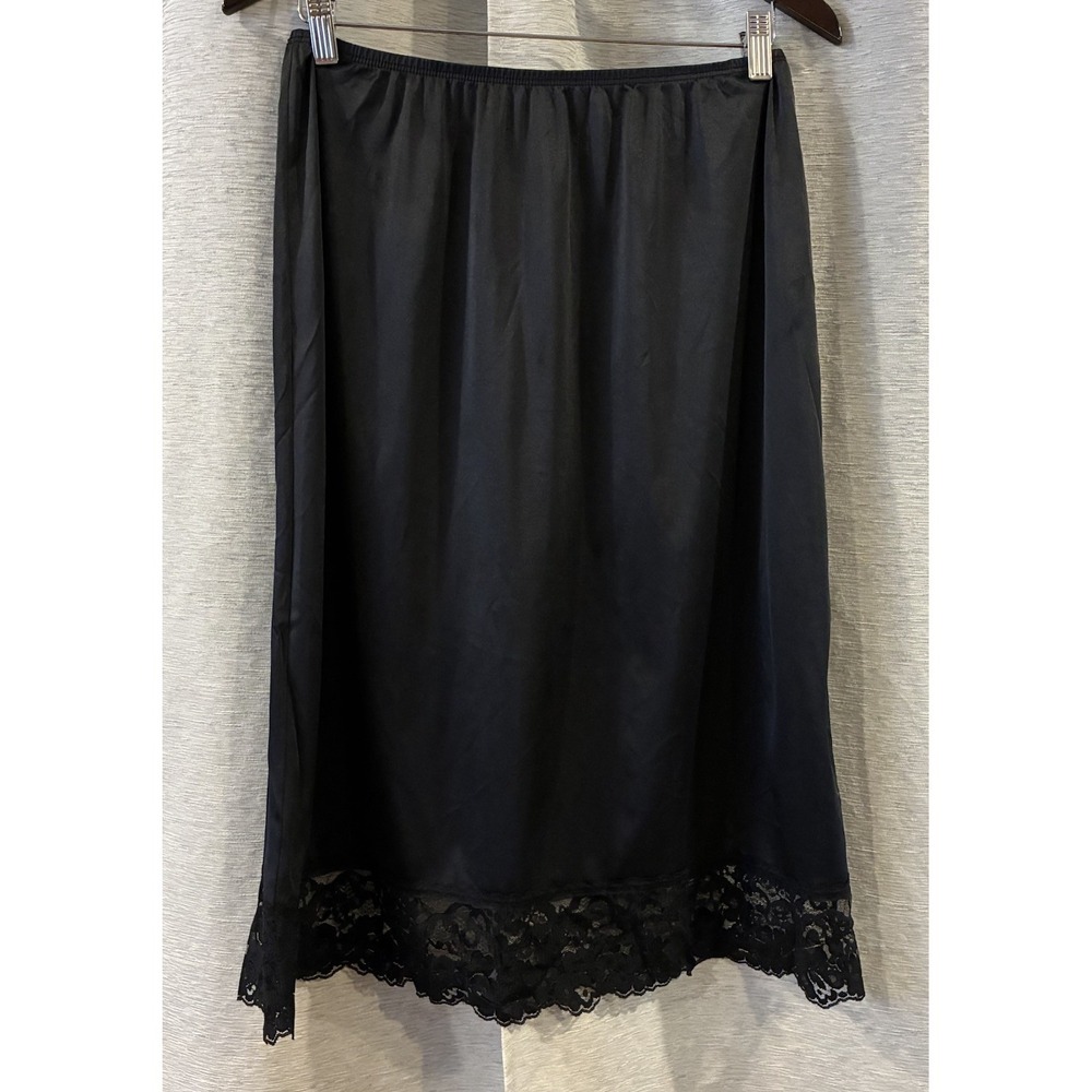 Vintage Vassarette Half Slip Skirt Black Nylon Size L Wide Lace USA Made